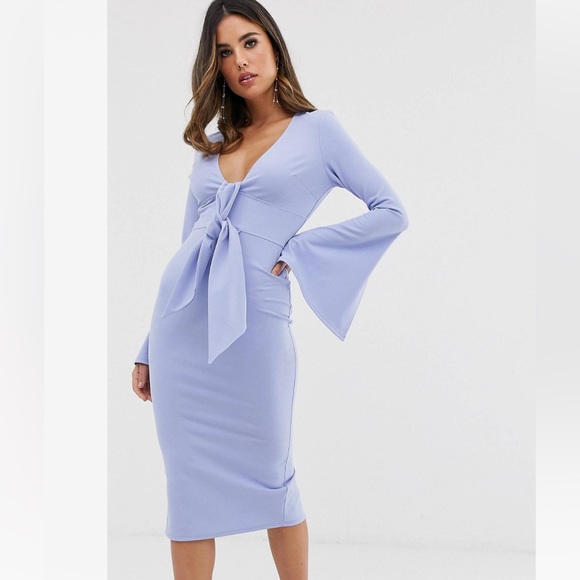 ASOS Design Long Sleeve Plunge Tie Belt Midi Dress - Picture 1 of 4